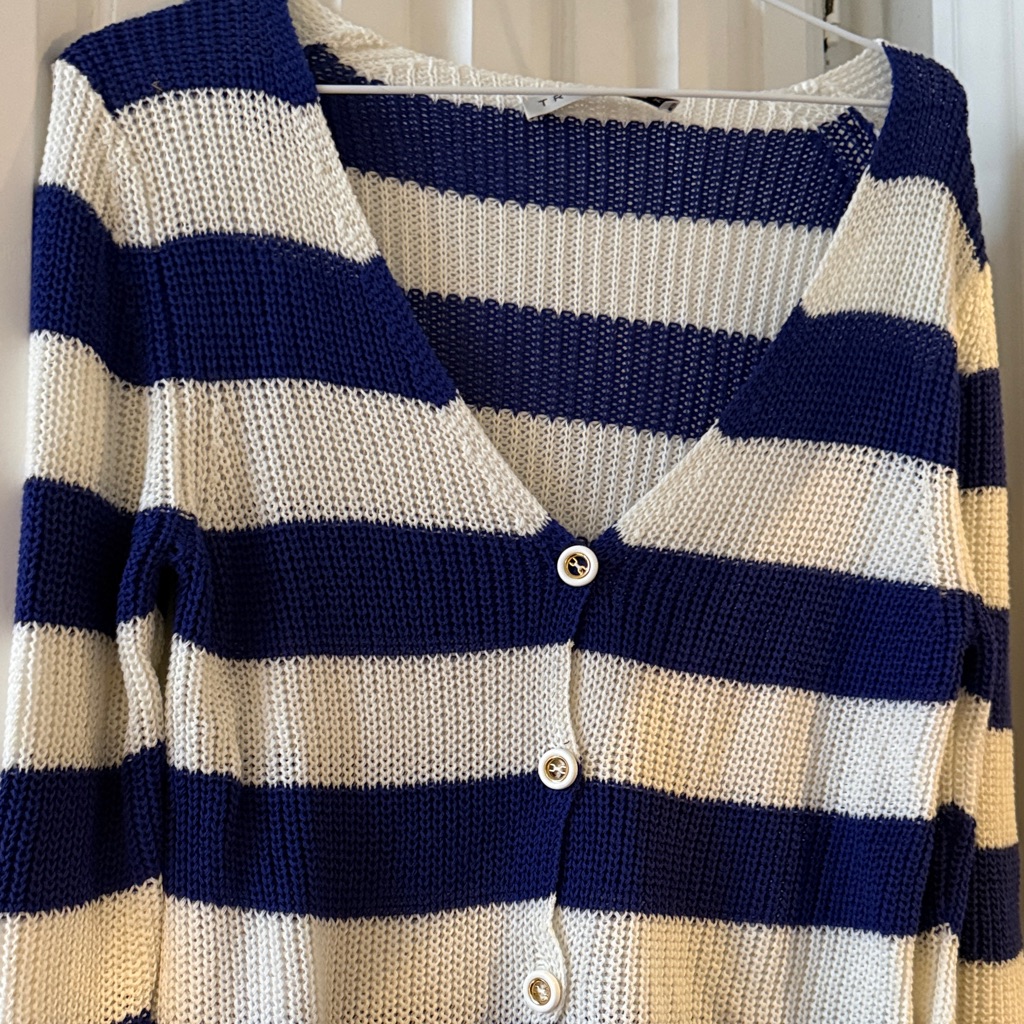 Trina Turk Navy And Cream Striped Knit Button-Front Cardigan